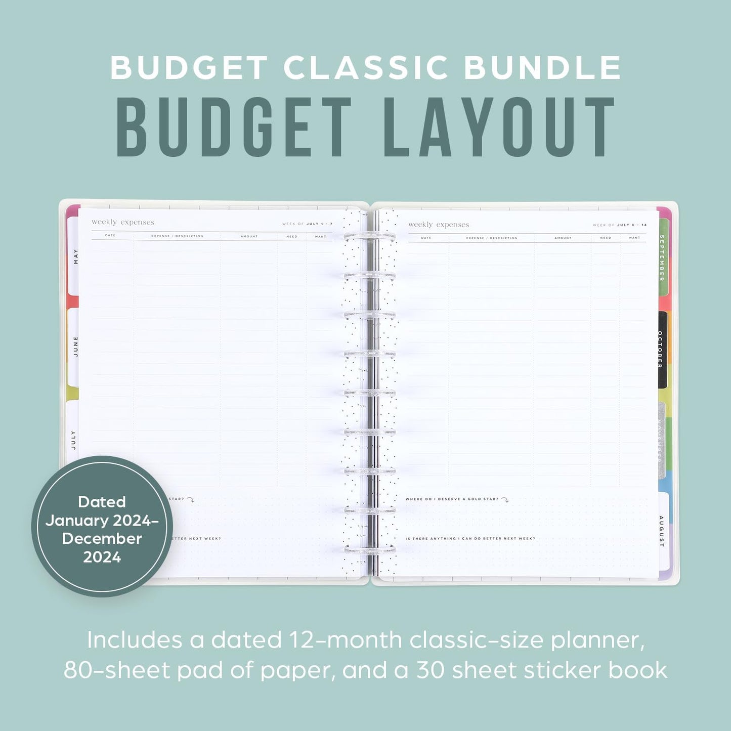 Happy Planner 12 Month Planner Box Bundle– Jan 2024 – Dec 2024 – Budget Layout – Includes 12 Month Dated Classic Size Planner, Block Pad Paper & 30 Sheet Sticker Book – Bright Budget Theme