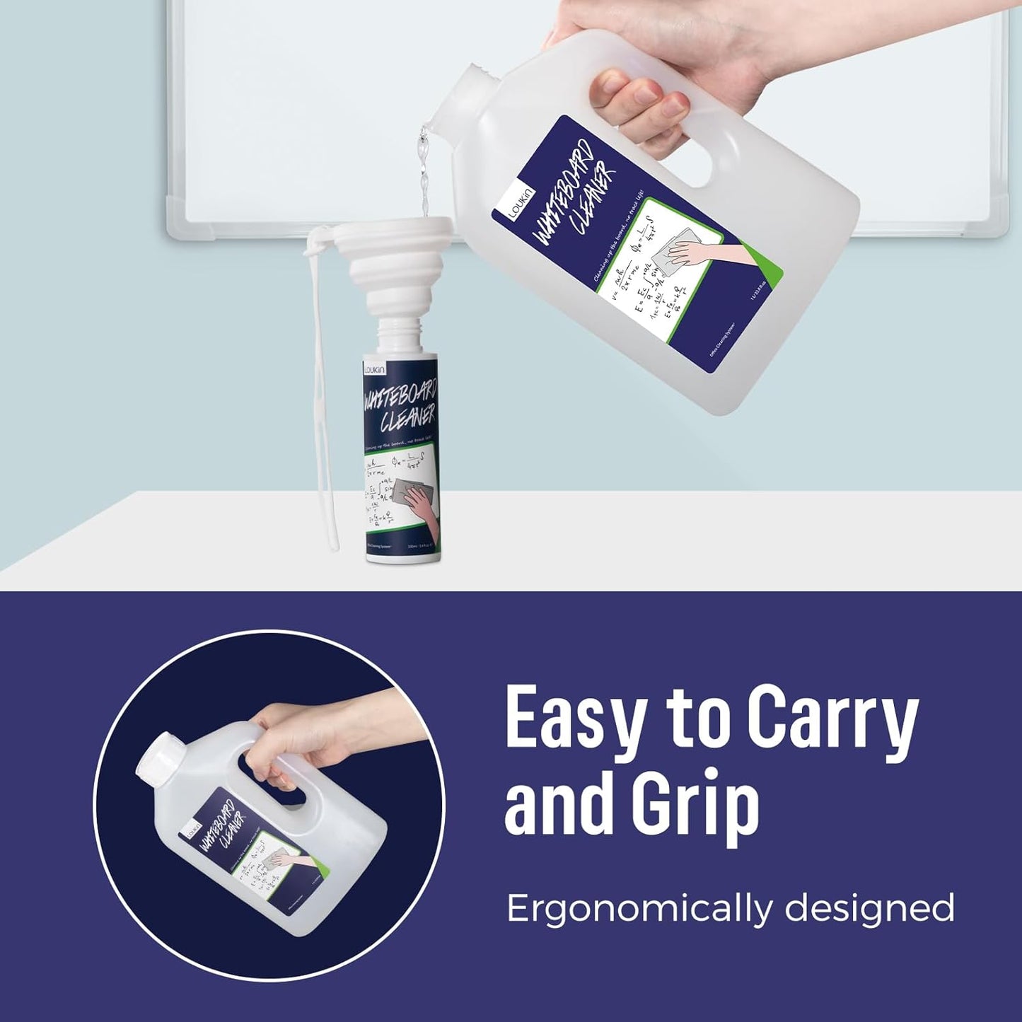 loukin Whiteboard Cleaner, 33.8 Fl Oz Dry Erase Board Cleaner Ready-to-Use Refill, Connected Collapsible Silicone Funnel for Canned Liquid, Removes Whiteboard Stains