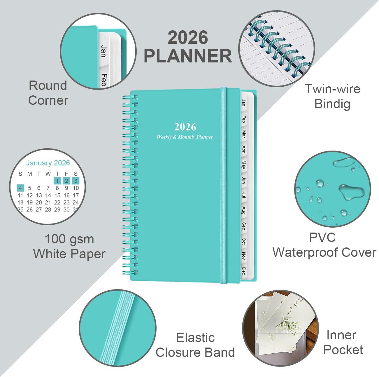 2026 Pocket Planner/Calendar - 2026 Planner from January 2026 - December 2026, Planner 2026 with 12 Tabs, Twin-Wire Binding, Inner Pocket, 3.75" x 6.75, Teal
