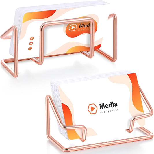 Landhoow 2 Pcs Business Card Holder for Desk, Cute Metal Card Organizers Display Stand Postcard Holder Rack for Desktop Working Office Home Daily Use (Rose Gold)