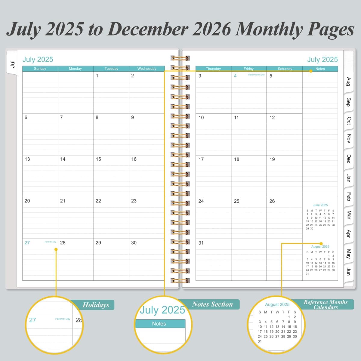 2025-2026 Monthly Planner - July 2025 - December 2026, Two Pages Per Month, 18 Monthly Calendar/Planner with Tabs, Strong Twin-Wire Binding, Inner Pocket, 6.4" x 8.5", Green
