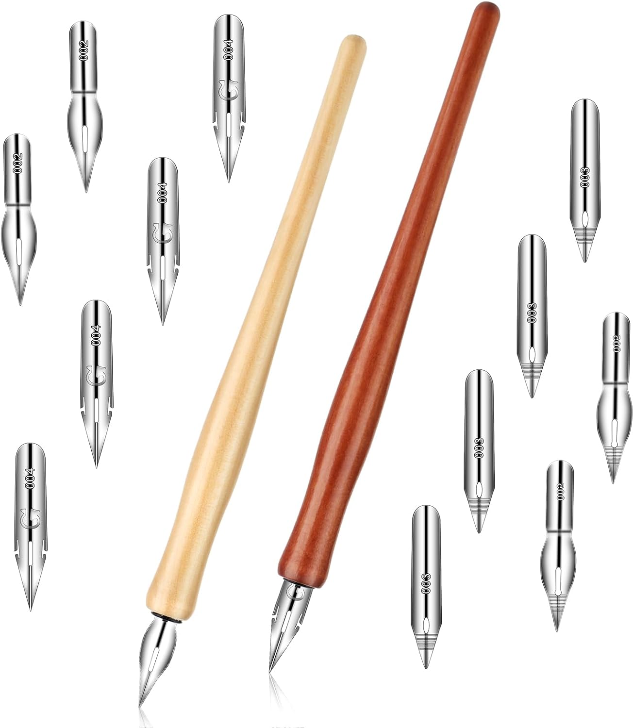 14pcs Oblique Calligraphy Comic Pen Set, 2-in-1 Wooden Pen Holder with 12 Stainless Steel Replacement Nibs for Writing, Signing, Painting, Sketching