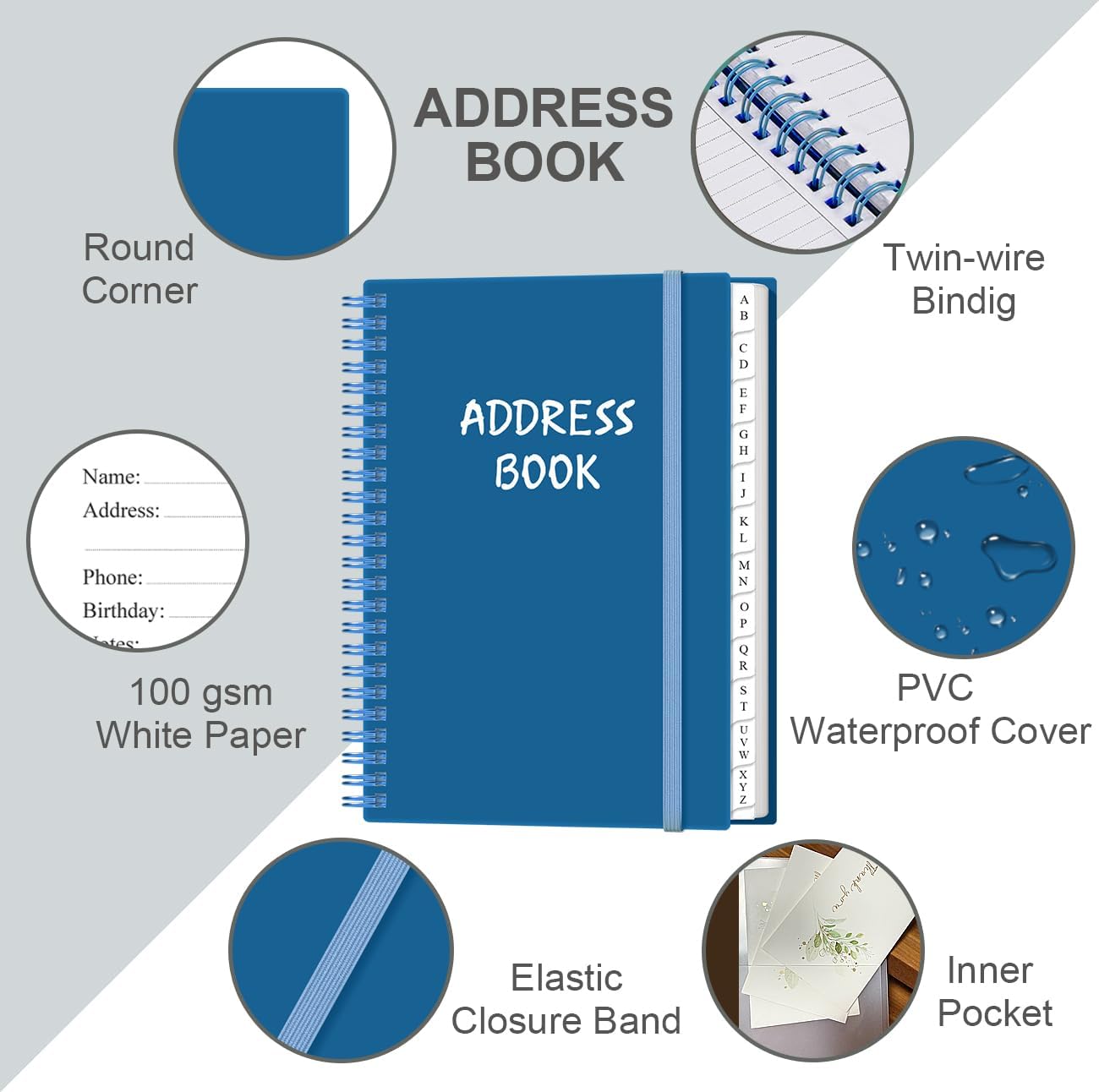 Address Book with Alphabetical Tabs - A5 Telephone & Address Book with Address Contacts, Special Date, Phone, Birthday & Internet Login Password for Home and Office, 6.2" x 8.5", Blue