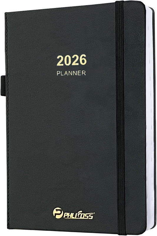 2026 Daily Planner/Calendar, One Page Per Day, Daily Monthly Agenda Planner with Time Slots and Monthly Tabs, Jan - Dec 2026, 5.7" x 8.25" Appointment Book, Pen Holder, Leather Cover (2026-Black)