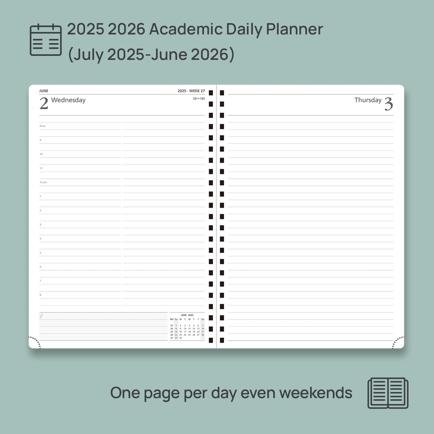 POPRUN Academic Daily Planner 2025-2026 One Page A Day - [A4 Large Size 8.25" x 12" - Spiral Hard Cover], Appointment Book (July 2025 - June 2026) with Monthly Calendar - Black