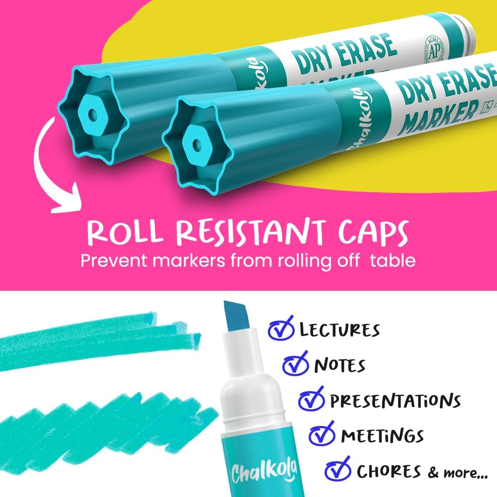 Chalkola Dry Erase Markers Chisel Tip (15 Pack, 12 Colors) | Dry Erase Pens - Non toxic, Low odor Whiteboard Markers for Kids, Teachers, Office, School, Classroom Supplies & Accessories