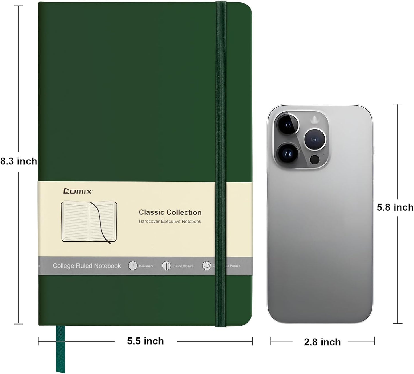 Comix 6 Pack Lined Journal Notebooks for Work, 240 Pages, 5.5"x8.3", Dark Green, Hardcover, A5 Medium College Ruled, Journaling Notebooks for Notes-taking, Fits for Office School Home