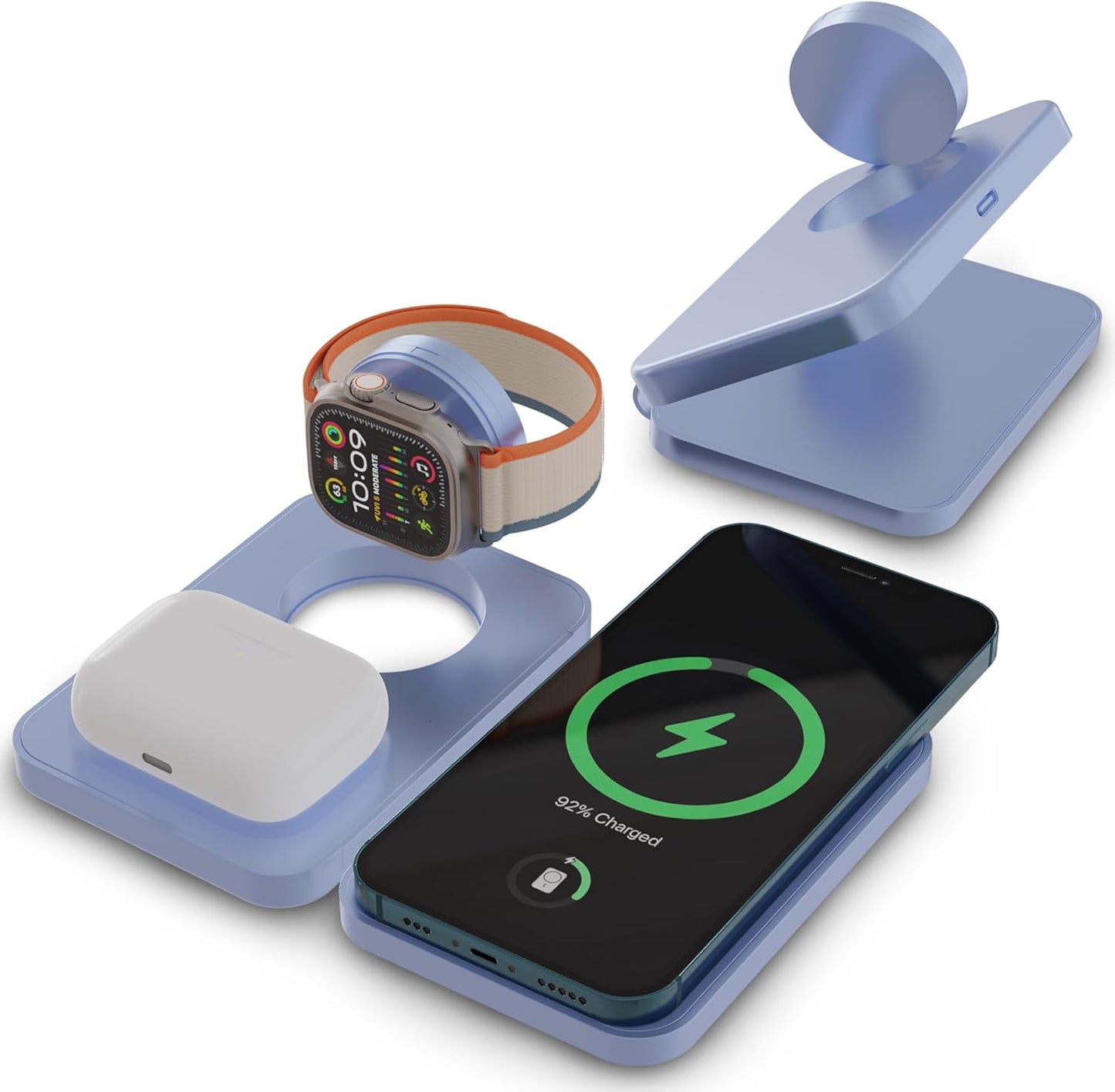 CHARGEWORX 3-in-1 Wireless Charger, Foldable Magnetic Charging Station with 15-Watt Fast Charging, Compatible with iPhone, Samsung, and Other Phones, Smartwatches, and Headphones, Blue