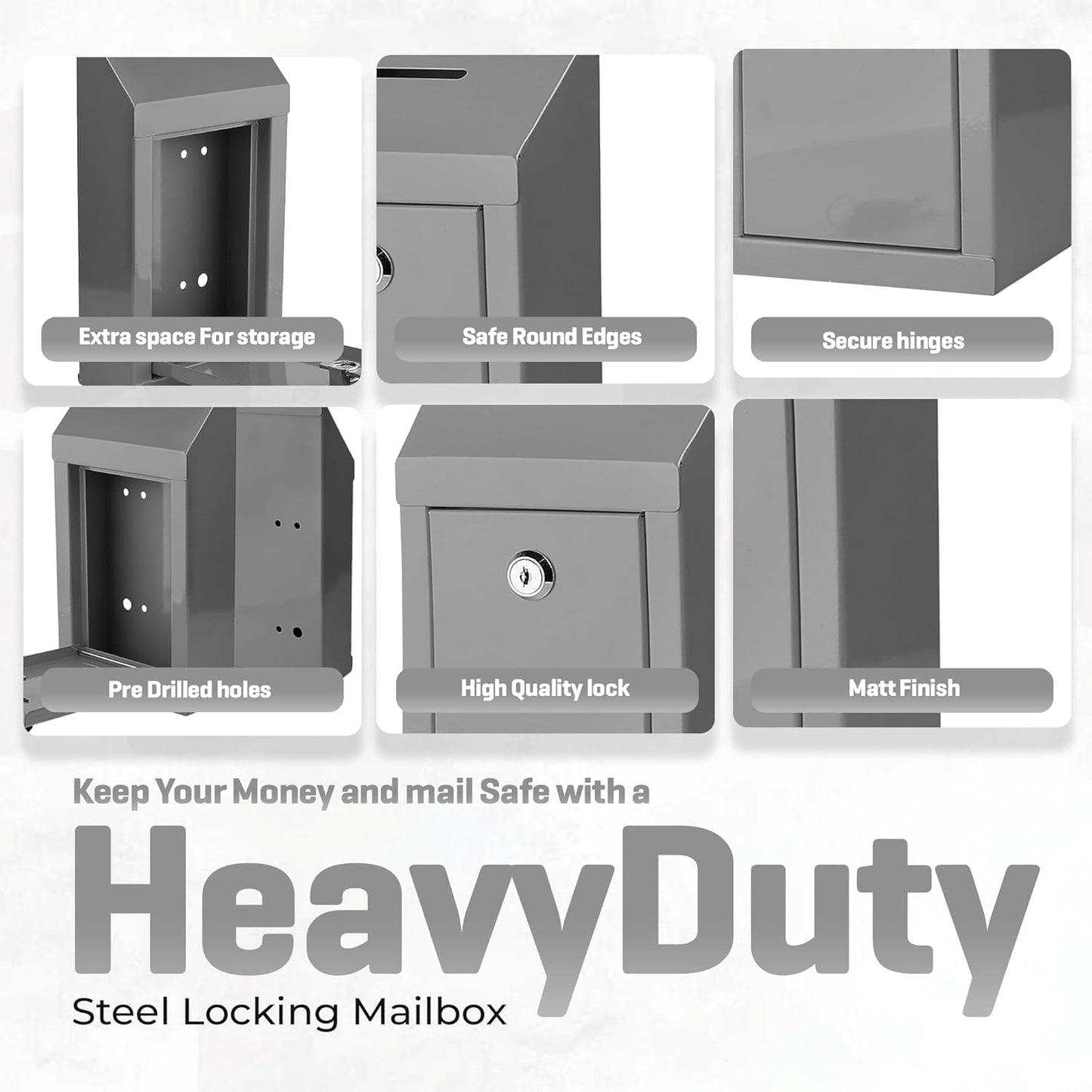 Metal Donation Box-Suggestion Box with Slot and lock-Cash Lock box for Money-Waterproof Drop Box-Comment and ballot voting box-comes with pre-drilled holes for easy wall mounting 10 X 6 X 2.5"(Gray)