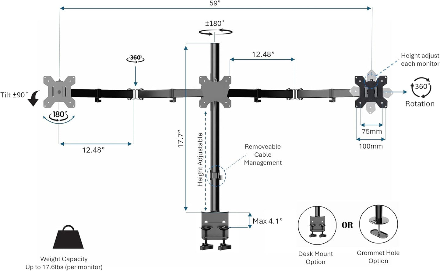 Rocelco 46" Electric Standing Desk Converter with AC Outlet USB Charger and Triple Monitor Arm Mount - Motorized Adjustable Sit Stand Riser - Tabletop Workstation Keyboard Tray - Black (R EDRB-46-DM3)