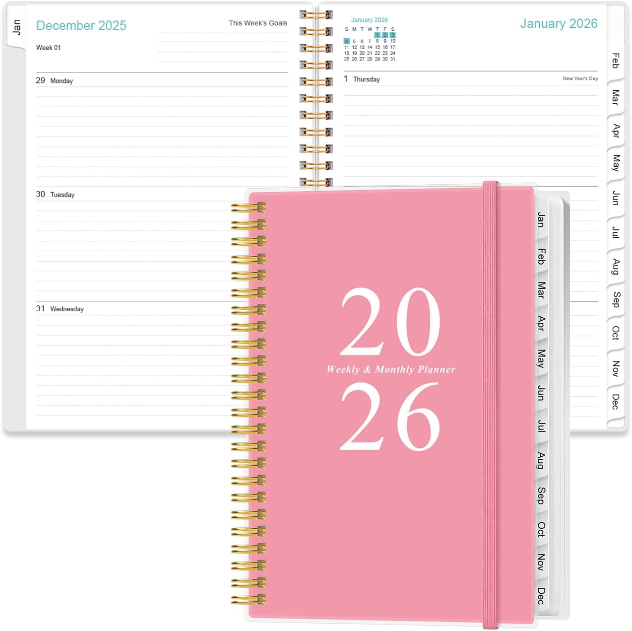 2026 Planner - A5 Weekly & Monthly Planners Spiral Bound, January 2026 - December 2026, 2026 Planner with Flexible Cover, Tabs, Inner Pocket, 6.4" x 8.5", Pink