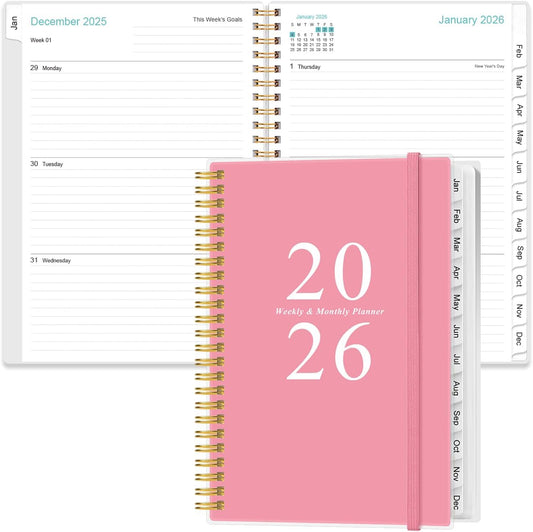 2026 Planner - A5 Weekly & Monthly Planners Spiral Bound, January 2026 - December 2026, 2026 Planner with Flexible Cover, Tabs, Inner Pocket, 6.4" x 8.5", Pink