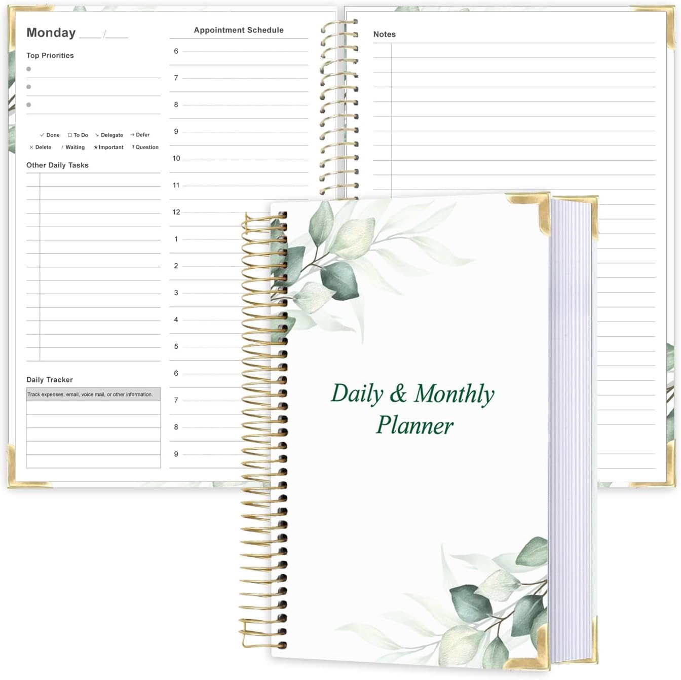 Undated Daily Monthly Planner for 2025 2026 - A5 To Do List with Hourly Schedule, Hardcover Spiral Bound Daily Planner to Increase Focus, Stylish School/Office Supplies, 5.8" x 8.5", Green Leaf