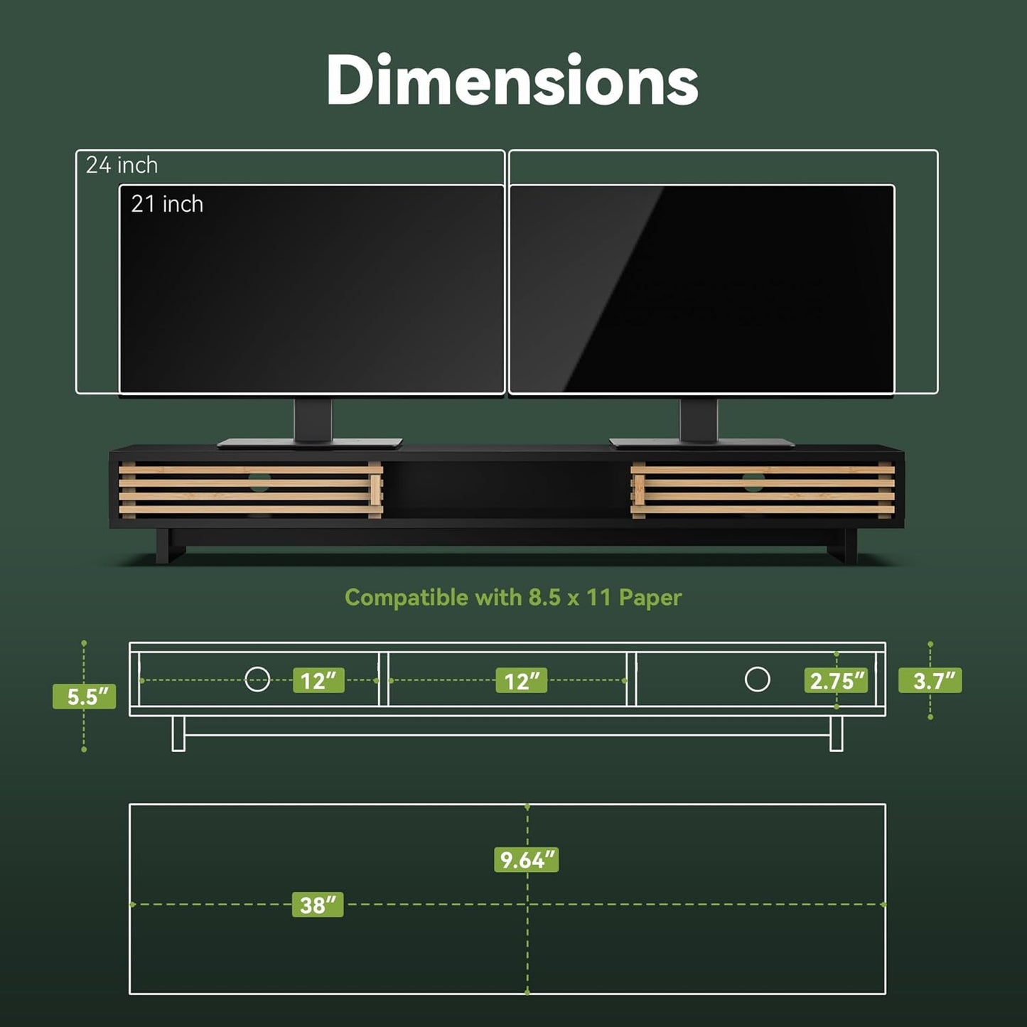 Dual Monitor Stand Riser with Sliding Door, Double Computer Laptop Stand Desk Shelf Organizer with Storage (Black + Natural Bamboo, 38 Inch)