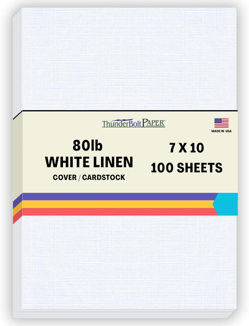100 Bright White Linen 80# Cover Paper Sheets - 7x10 Inches Double 5X7 Card Size - Folds to 5X7-80 lb/Pound Card Weight - 80 lb/pound Card Weight - Fine Linen Textured Finish - Quality Cardstock