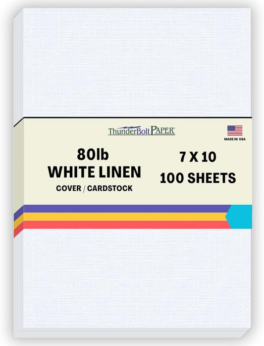 100 Bright White Linen 80# Cover Paper Sheets - 7x10 Inches Double 5X7 Card Size - Folds to 5X7-80 lb/Pound Card Weight - 80 lb/pound Card Weight - Fine Linen Textured Finish - Quality Cardstock
