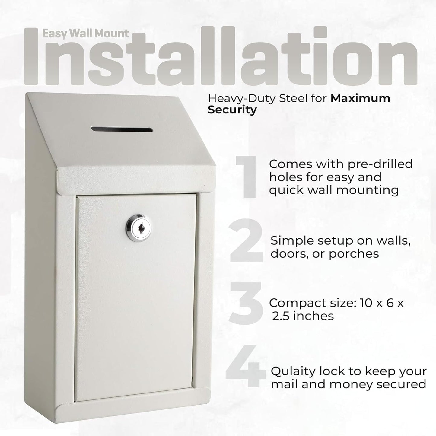 Metal Donation Box-Suggestion Box with Slot and lock-Cash Lock box for Money-Drop Box-Outdoor Waterproof Mailbox and ballot box-comes with pre-drilled holes for easy wall mounting 10 X 6 X 2.5"(White)