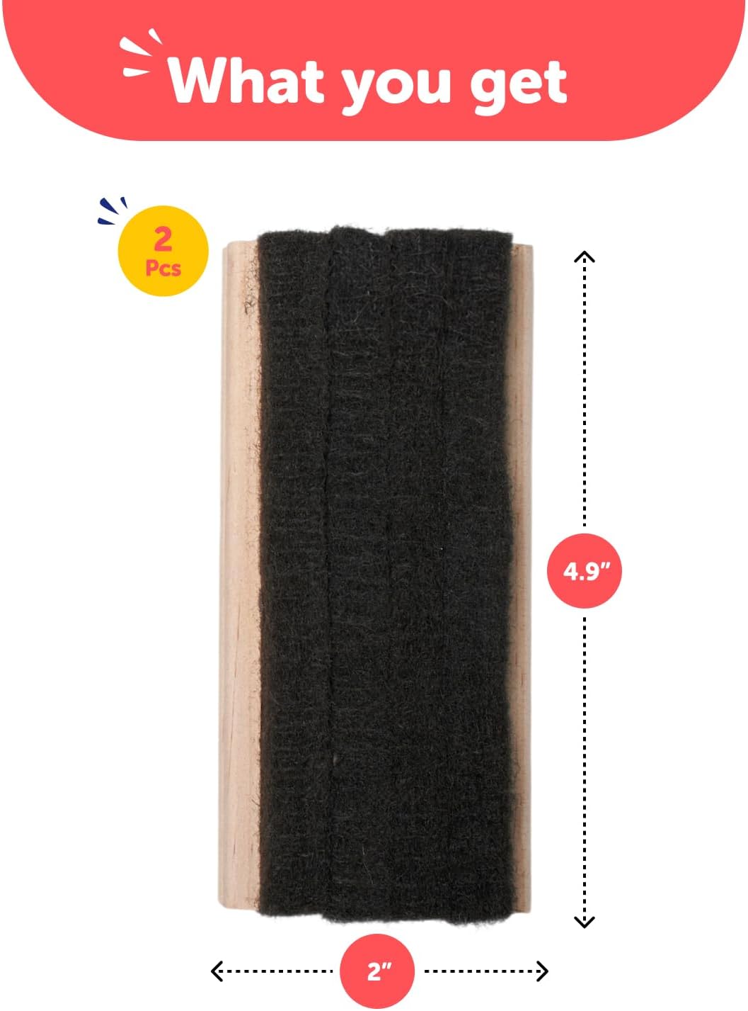 Traditional Chalkboard Eraser 2 Pack - 4.9 Inch Premium Chalk Erasers with Wooden Handle - Eraser for Chalkboard, Blackboard & Dry Chalk Surfaces - Durable Cleaner for Classrooms or Home