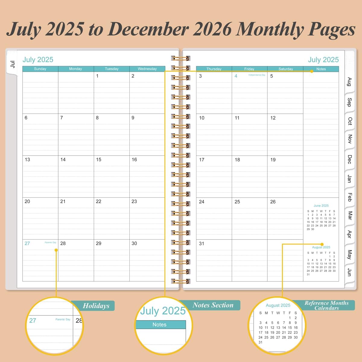 2025-2026 Monthly Planner - July 2025 - December 2026, Two Pages Per Month, 18 Monthly Calendar/Planner with Tabs, Strong Twin-Wire Binding, Inner Pocket, 6.4" x 8.5", Rose Leaf