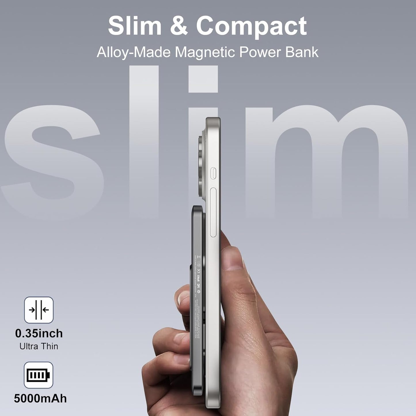 Magnetic Slim Portable Charger with Stand, 5000mAh Wireless Power Bank[Alloy-Made], PD 20W Fast Charging Compatible with iPhone 16/15/15 Pro/15 Pro Max, iPhone 14/13/12 Series, Black