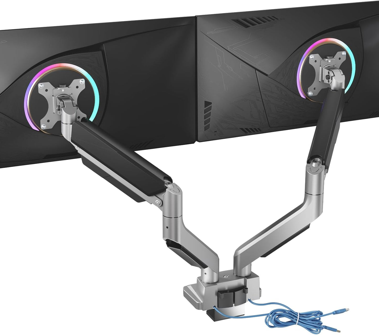 WALI Dual Monitor Mount, Monitor Arms for 2 Monitors, Fully Adjustable Gas Spring, with 2 Easily Accessible USB 3.0 Ports for Display Up to 35 Inch, 33lbs, (GSMU002), Silver