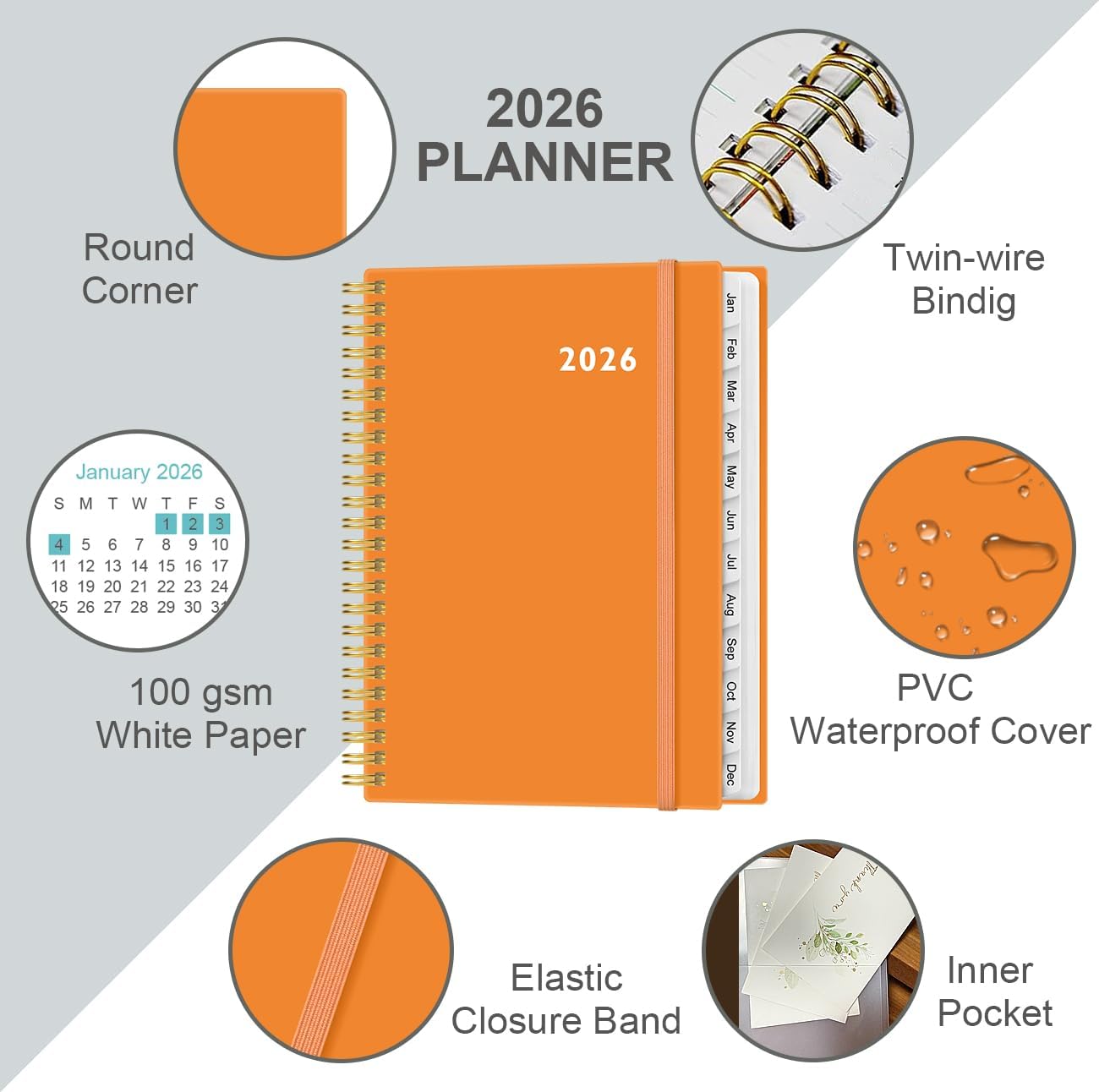 2026 Planner - Weekly and Monthly Calendar Planner from Jan 2026 - Dec 2026, Planner 2026 Spiral Bound with 12 Monthly Tabs, Inner Pocket, Perfect for School Office Supplies, 6.4" x 8.5", Orange-C