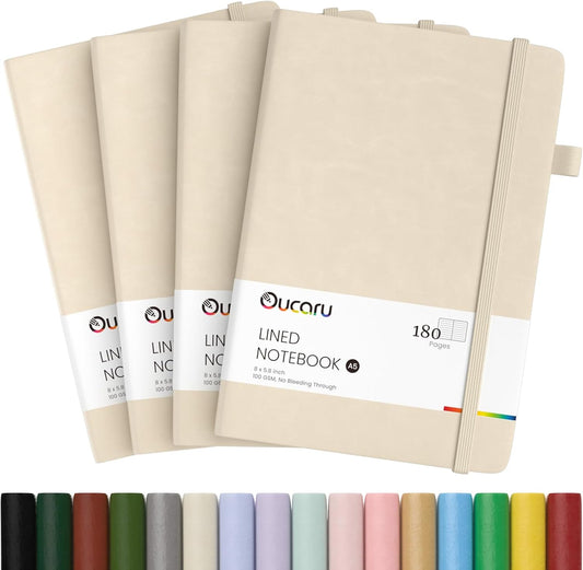 Oucaru Lined Journal Notebook, 4 Pack, 180 Pages, A5 Journals for Writing, 100 GSM Thick Paper, Small Notebooks Daily Journal for Women Men Work, Business, School, Travel Supplies
