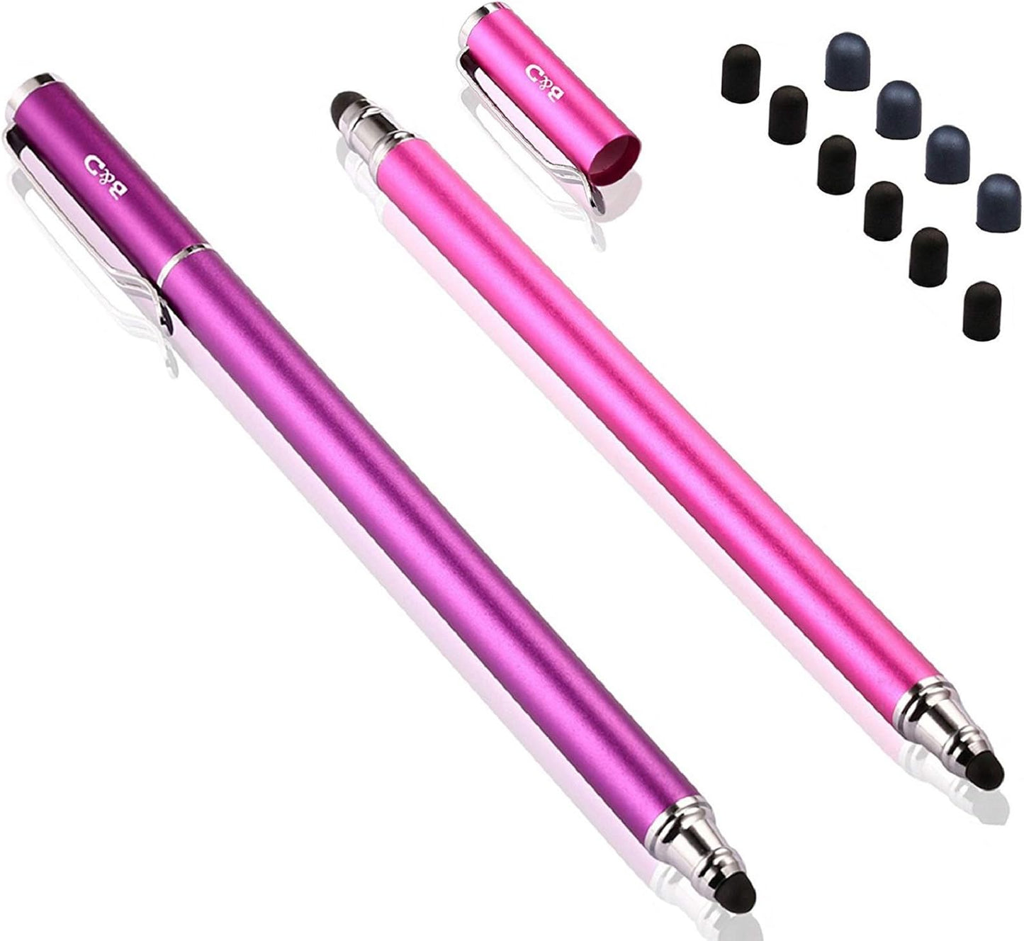 (2 Pcs) [New Upgraded][0.18-inch Small Tip Series] 2-in-1 Stylus/Styli 5.5-inch L with 10 Replacement Rubber Tips -Purple/Pink