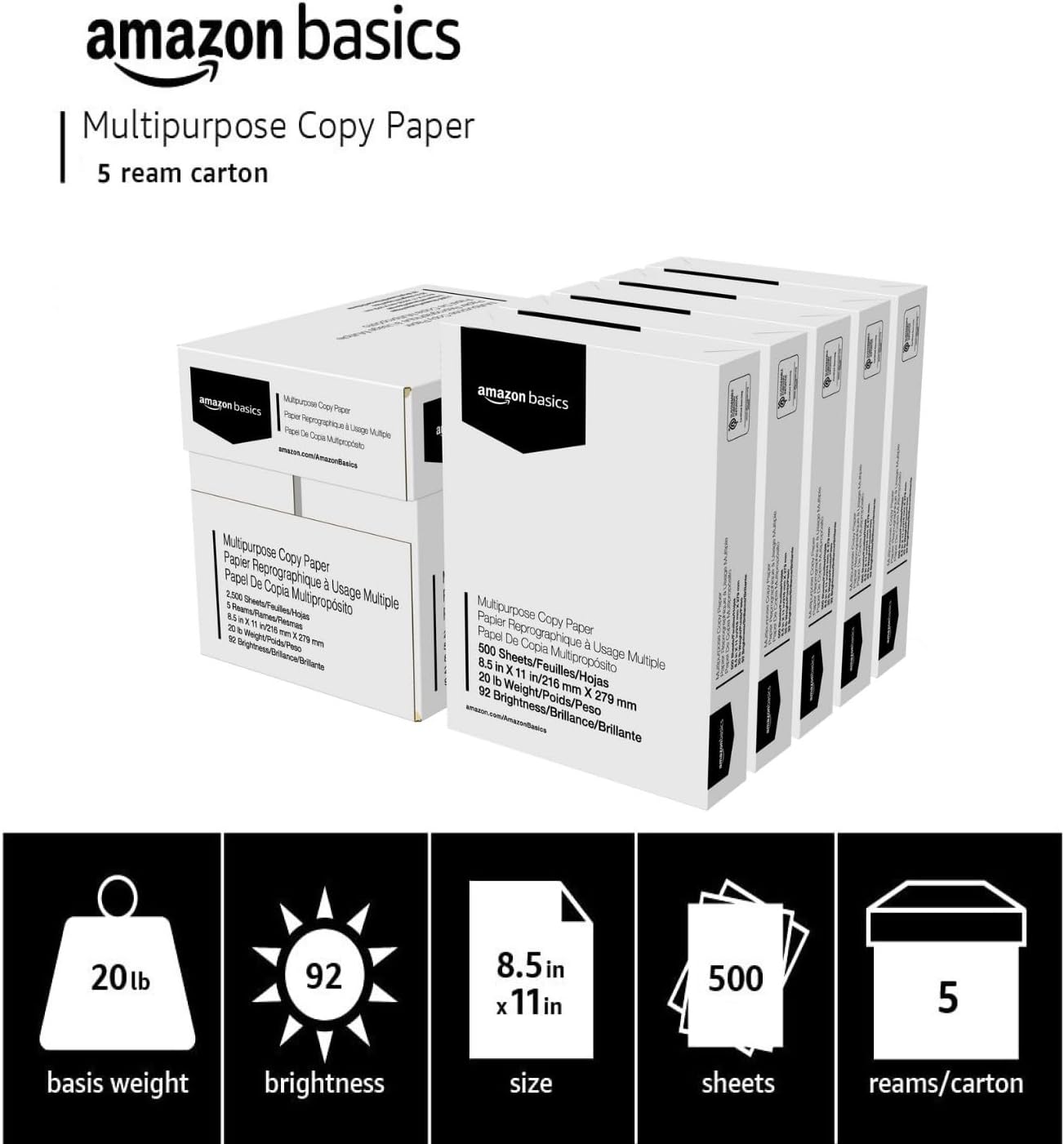 Amazon Basics Multipurpose Copy Printer Paper, 20 lb, 8.5 x 11 Inches, 5 Reams (2,500 Sheets), 92 Bright, White