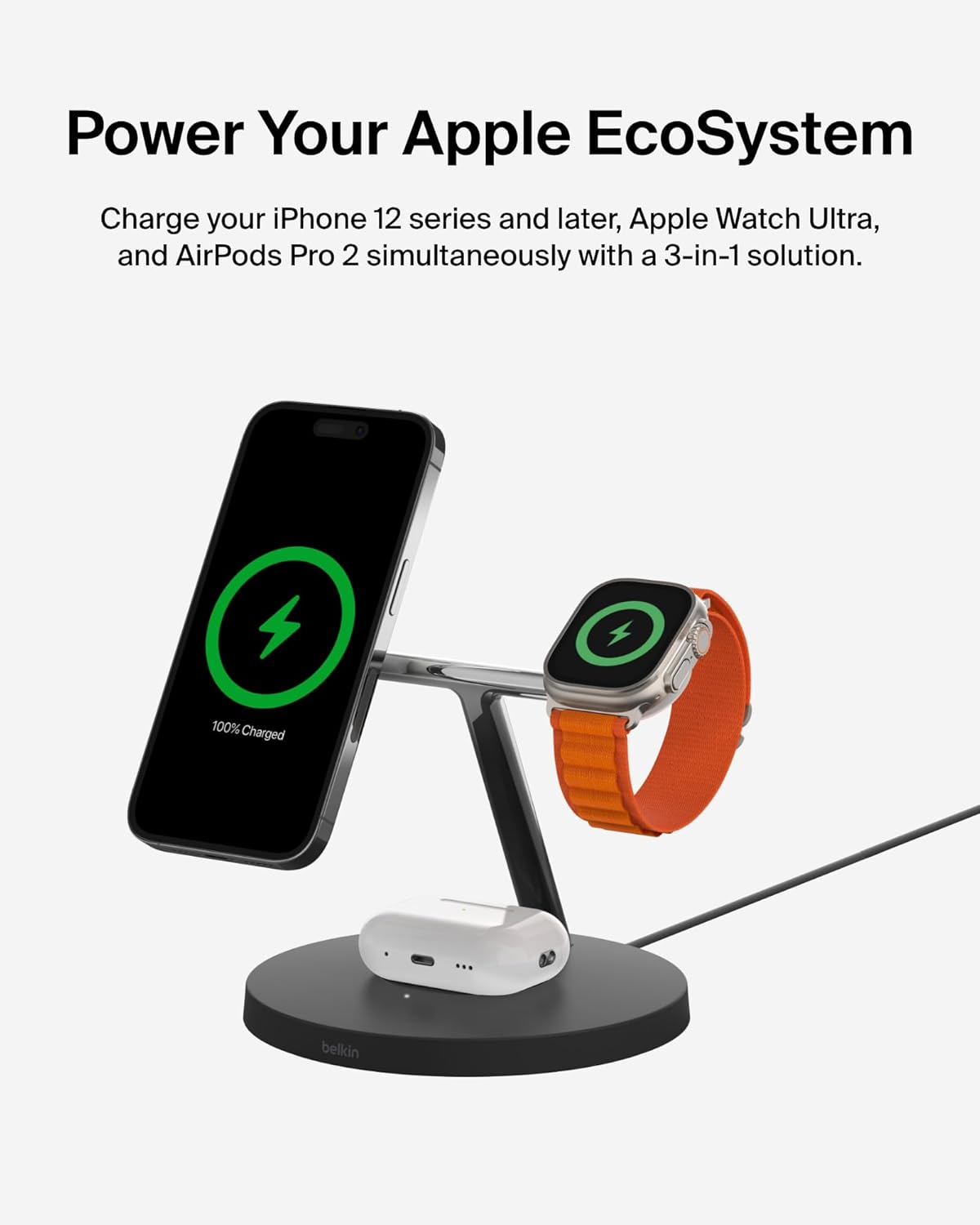 Belkin MagSafe Charger, 3-in-1 Wireless Charging Stand, 2ND GEN, 33% Faster for Apple Watch, iPhone 16, iPhone 15, iPhone 14 Series, AirPods - MagSafe Charging Station for Multiple Devices - Black
