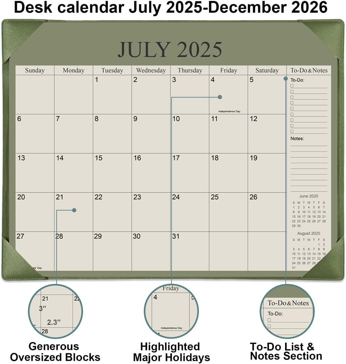 Desk Calendar 2025-2026 with Desktop Mat, 18 Month Large Desk Pad Calendar from July 2025 to December 2026, 22" x 17" Desk Pad Calendar 2025-2026 for Home, School Office, Cyan