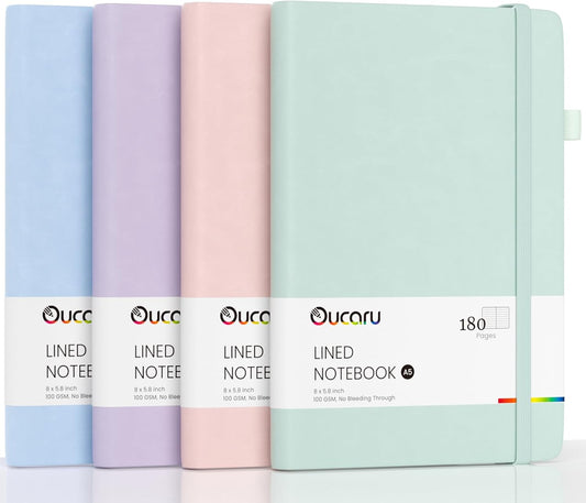 Oucaru Lined Journal Notebook, 4 Pack, 180 Pages, A5 Journals for Writing, 100 GSM Thick Paper, Small Notebooks Daily Journal for Women Men Work, Business, School, Travel Supplies