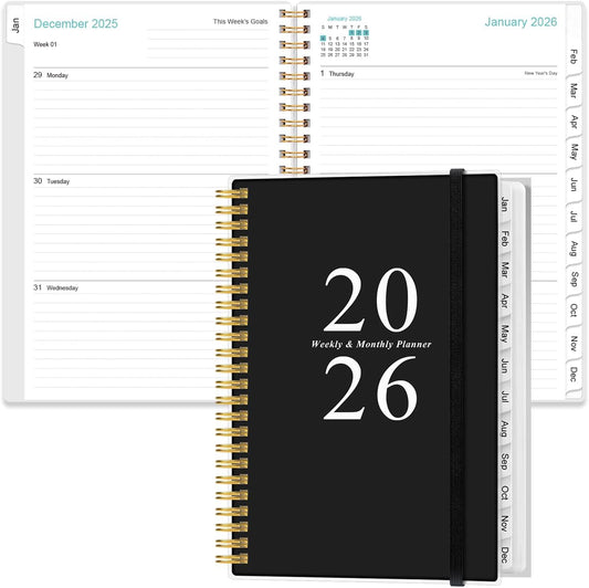2026 Planner - A5 Weekly & Monthly Planners Spiral Bound, January 2026 - December 2026, 2026 Planner with Flexible Cover, Tabs, Inner Pocket, 6.4" x 8.5", Black