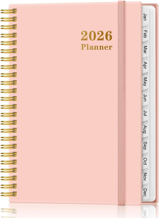 2026 Planner - Weekly and Monthly Calendar Planner from Jan 2026 - Dec 2026, Planner 2026 Spiral Bound with 12 Monthly Tabs, Inner Pocket, Perfect for School Office Supplies, 6.4" x 8.5", Pink
