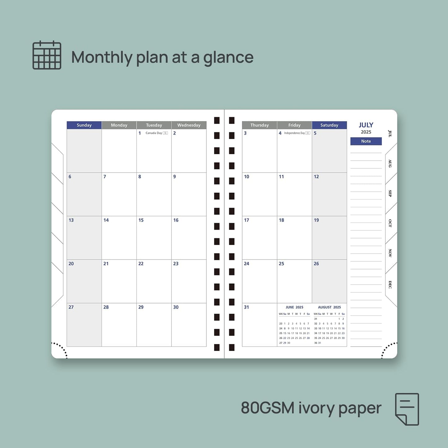 POPRUN Daily Planner 2025-2026 One Page per Day (6'' x 8.5'') with Spiral Bound Leather Soft Cover, Academic Year Appointment Book (Jul.2025 - Jun.2026) with Hourly Slots, Inner Pocket- Midnight Green