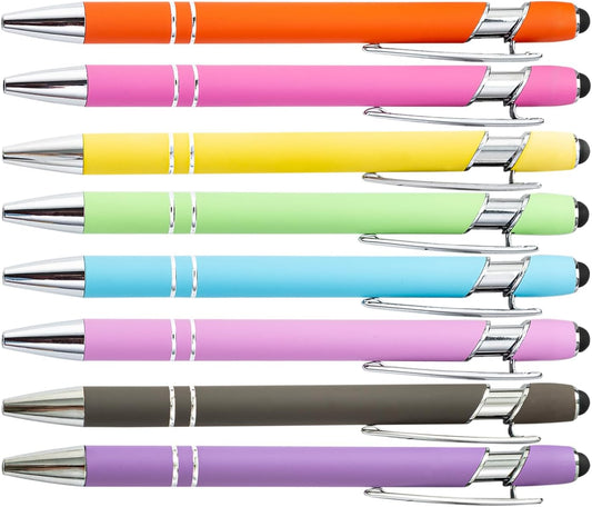 PASISIBICK 8 Pieces Ballpoint Pens 2-in-1 Stylus Retractable Metal Stylus Pen for Touch Screens with Stylus tip, 1.0 mm Black Ink (8 Pastel Colors)