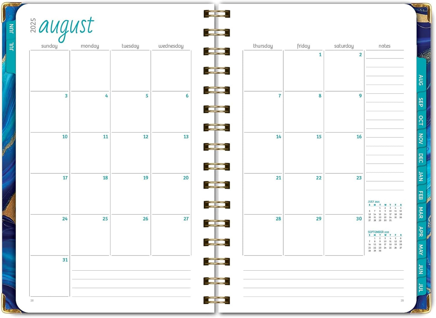 HARDCOVER Academic Year 2025-2026 Planner: (June 2025 Through July 2026) 5.5"x8" Daily Weekly Monthly Planner Yearly Agenda. Bookmark, Pocket Folder and Sticky Note Set (Dark Blue Marble)