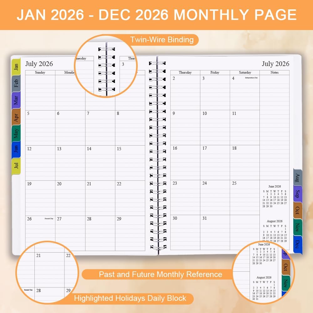2026 Planner - Weekly & Monthly Planner Runs January 2026 to December 2026, 6.25" x 8.25", 12 Monthly Tabs, 14 Notes Pages, Inner Pocket, Flexible Cover with Twin-Wire Binding, Planners 2026