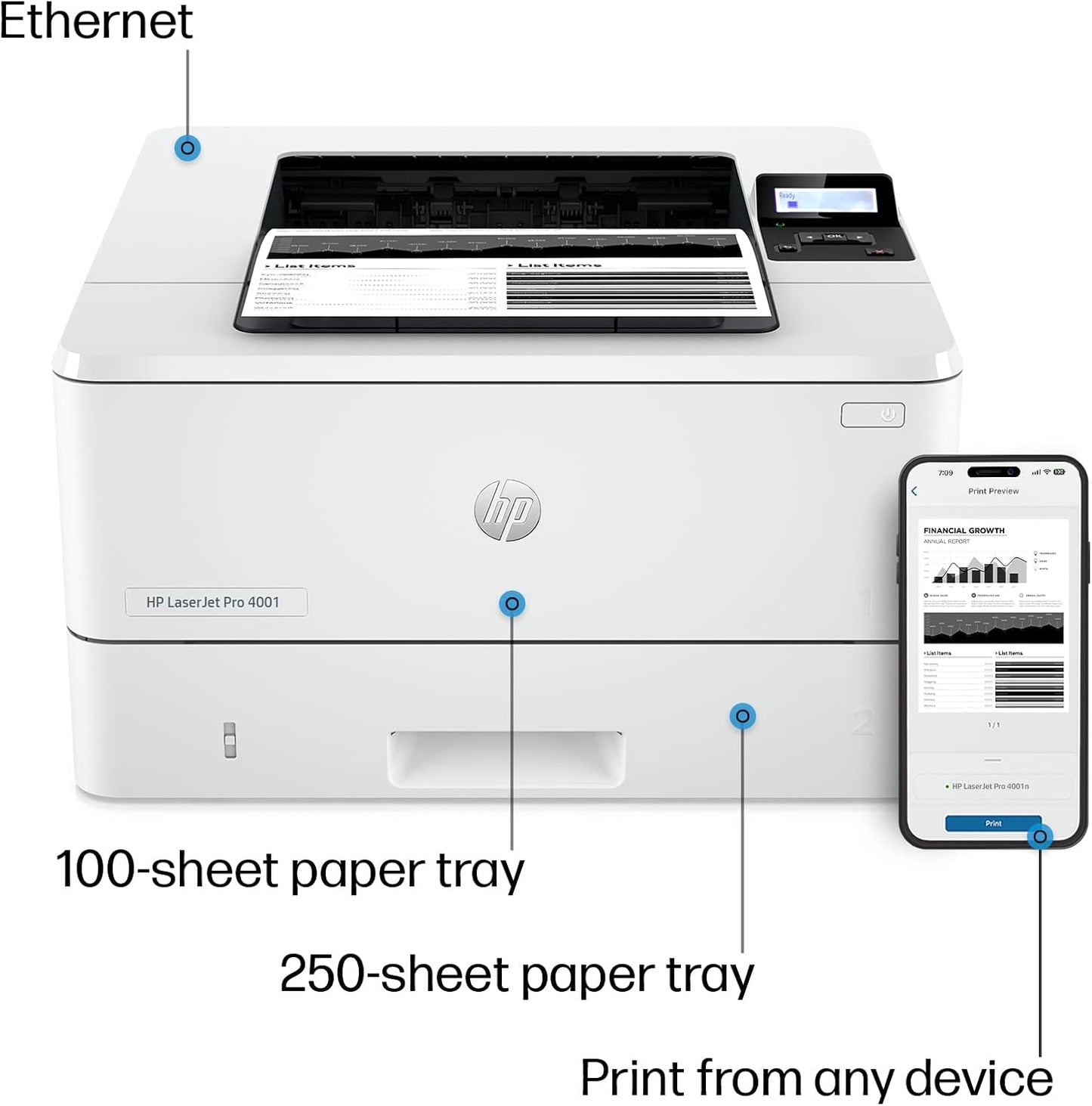 HP LaserJet Pro 4001n Black & White Printer, Print, Fast speeds, Easy setup, Mobile printing, Advanced security, USB, Ethernet Connection, Best-For-Office