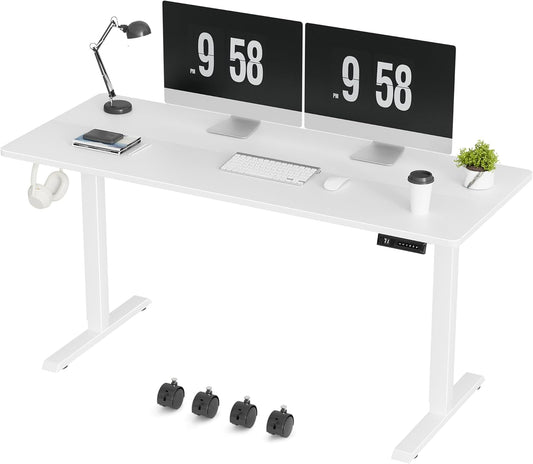 Furmax Electric Standing Desk, 59 x 24 Inches Height Adjustable Desk with Wheels, Home Office Computer Desk with Management Box (White)