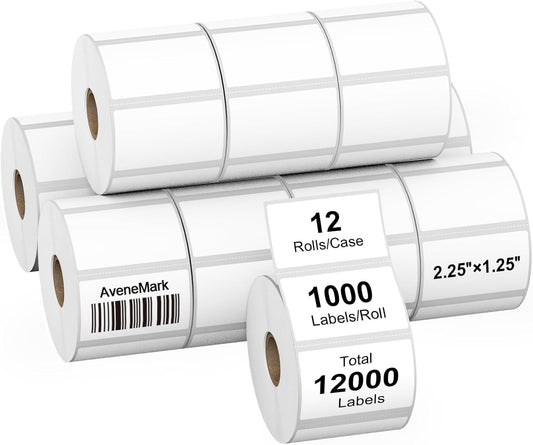 12 Rolls 12000 Labels 2.25" x 1.25" Direct Thermal Labels - AveneMark Perforated for Barcode Address Labels - Postage Shipping Labels Compatible with Rollo & Zebra Desktop Printers,1000 Labels/Roll