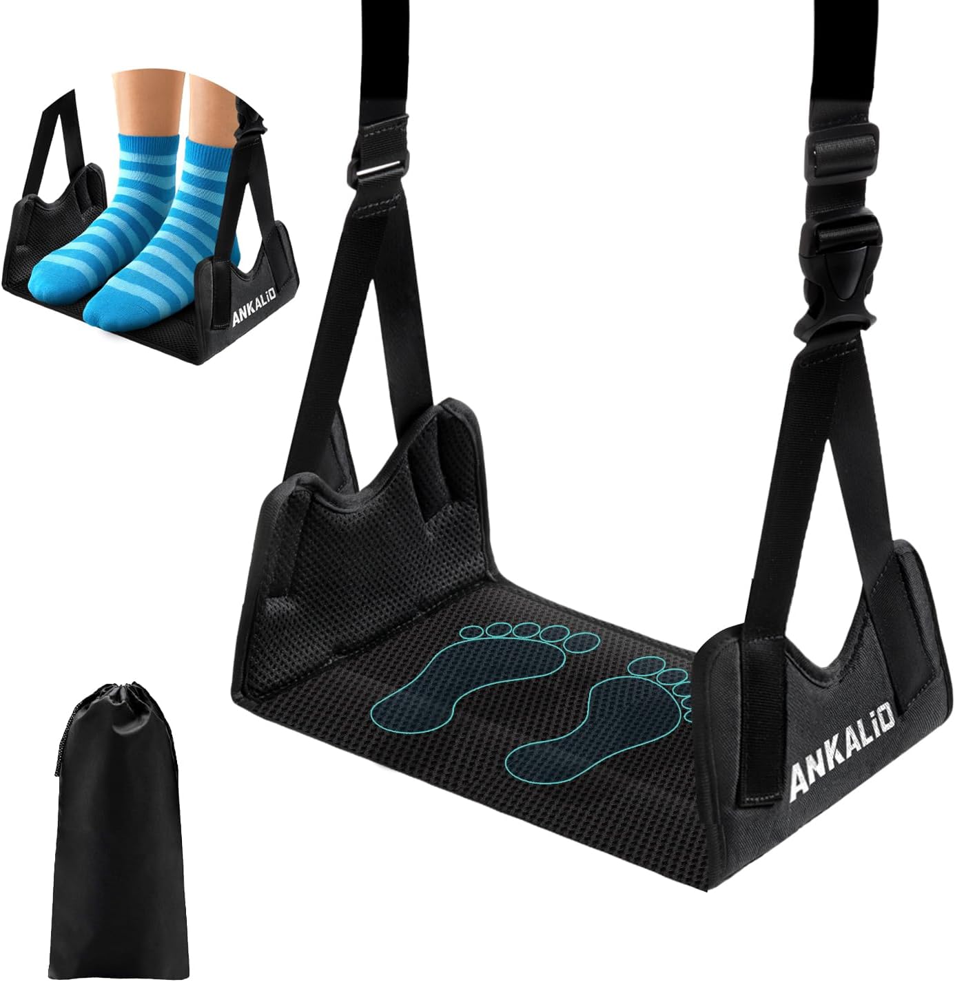 1 Pack No-Collapse Airplane Foot Hammock–Adjustable Foot Hammock for Plane Travel with Thick Bamboo Base, Lightweight Travel Footrest for Office, Flights(Black)