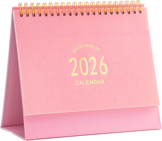 Small Desk Calendar 2025, Standing Flip Desktop Calendar from July 2025 to Dec 2026 - Metal Ring Twin-Wire Binding Monthly Desktop Calendar for Home Office School (Pink)