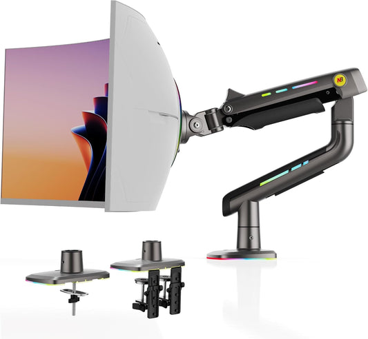 NB Gaming Monitor Arm for Screen up to 60 inches, Holds 44 lbs(20 kg), VESA 75/100, RGB Light, Heavy Duty Monitor Stand, Aluminum Ultrawide Screen Mount Height Angle Adjustable Grey Black