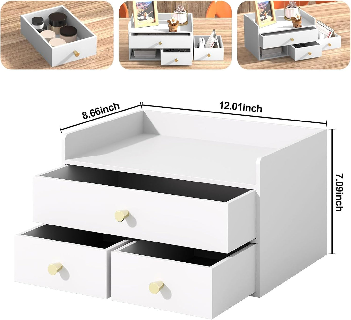 Bamboo Desk Organizer with Drawers Wooden Desktop Storage Organization Box for Bills Office Supplies Kitchen Utensils Organizing Tool for Home Classroom Vanity, No Assembly Required (3 Drawers, White)