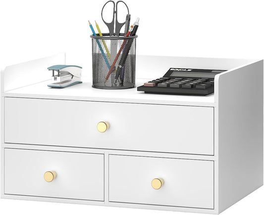 Bamboo Desk Organizer with Drawers Wooden Desktop Storage Organization Box for Bills Office Supplies Kitchen Utensils Organizing Tool for Home Classroom Vanity, No Assembly Required (3 Drawers, White)