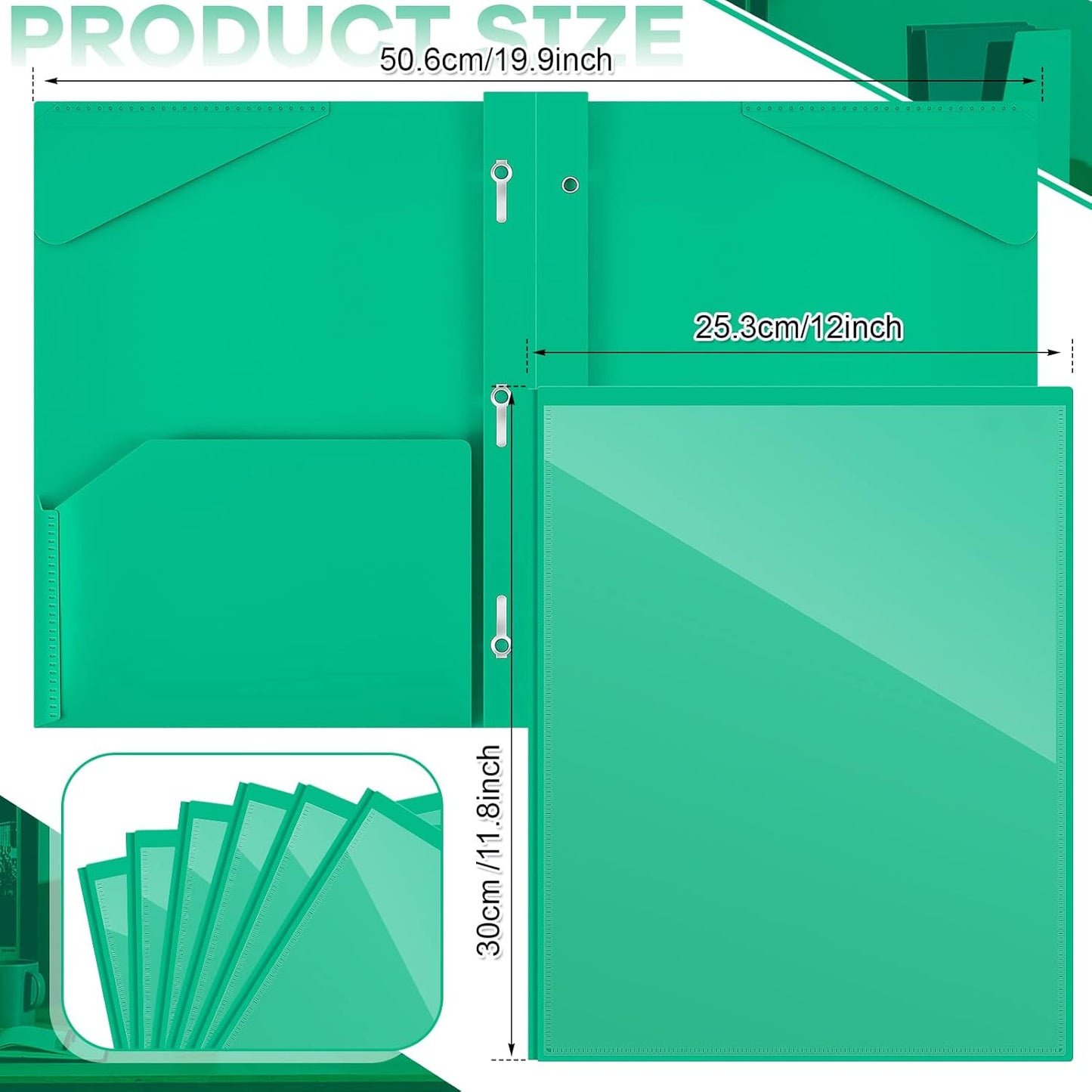 Henoyso 36 Pcs Plastic Folder with Clear Front Pocket and 3 Prong Plastic Folders with Card Slot Pocket Folders with Prongs for School Office (Green)