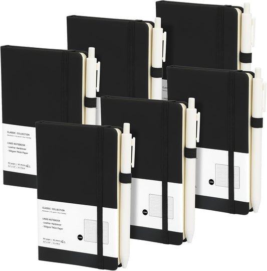 Coopay 6 Pack A6 Pocket Small Notebook with 6 White Pens Bulk Classic Hardcover Leather Journal Set with Pen Holder for Men Women Writing, Office, Home, School, Business, 100GSM, 3.5” x 5.5”, Black