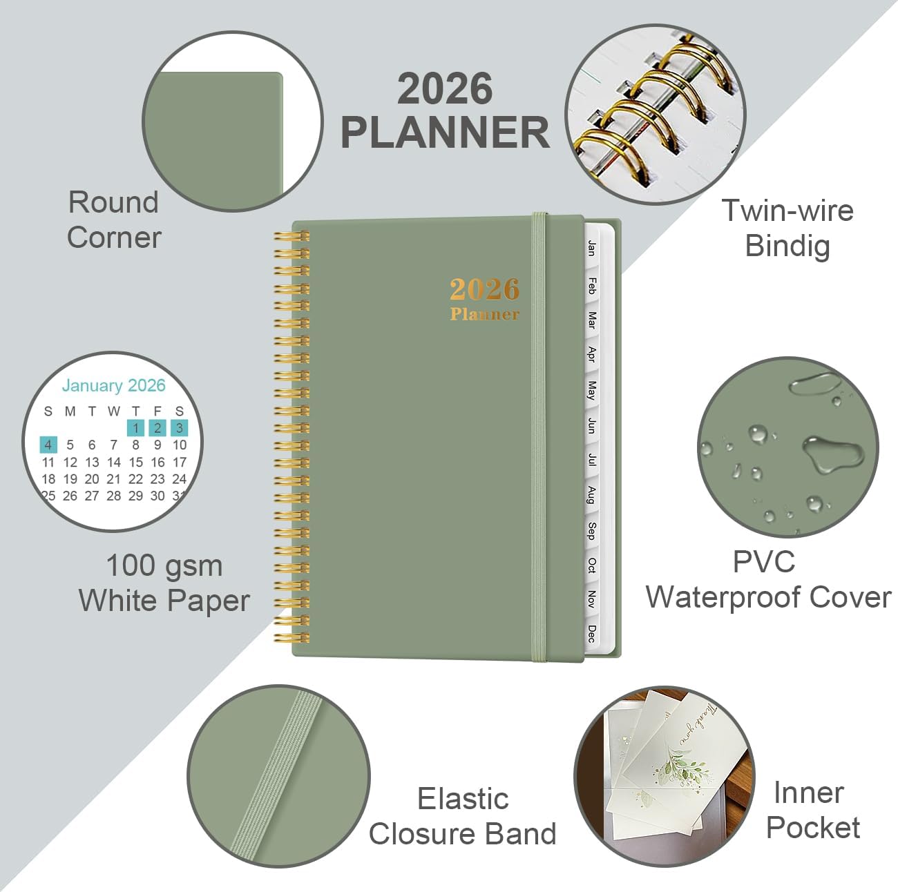 2026 Planner - Weekly and Monthly Calendar Planner from Jan 2026 - Dec 2026, Planner 2026 Spiral Bound with 12 Monthly Tabs, Inner Pocket, Perfect for School Office Supplies, 6.4" x 8.5", Green