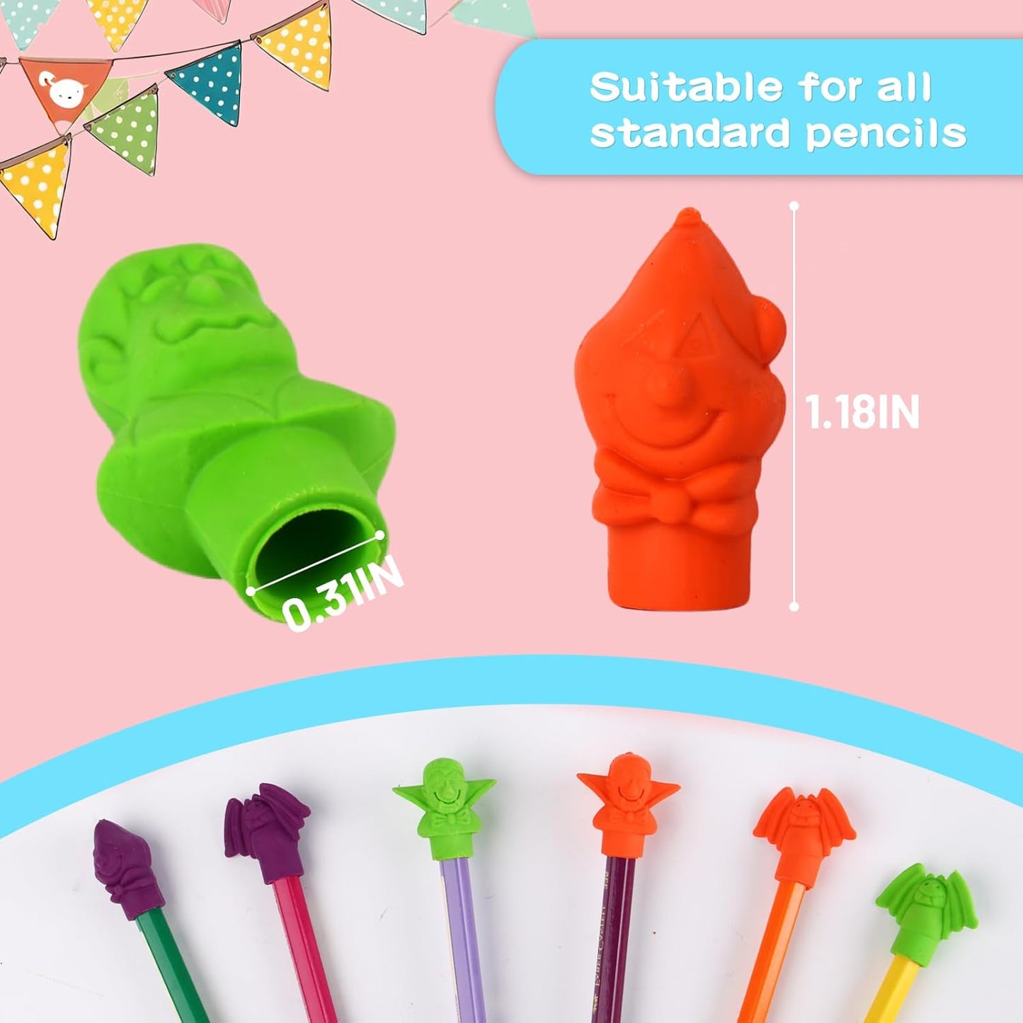 18 Pcs Pencil Cap Erasers, Assorted Tri Color Eraser Toppers for Homework, Drawing Desk Organization